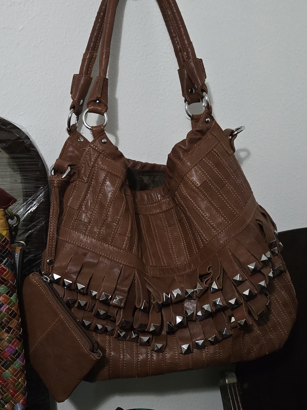 Large Brown Leather Fringe Hobo Shoulder Bag with Silver Stud Accents. Beautiful